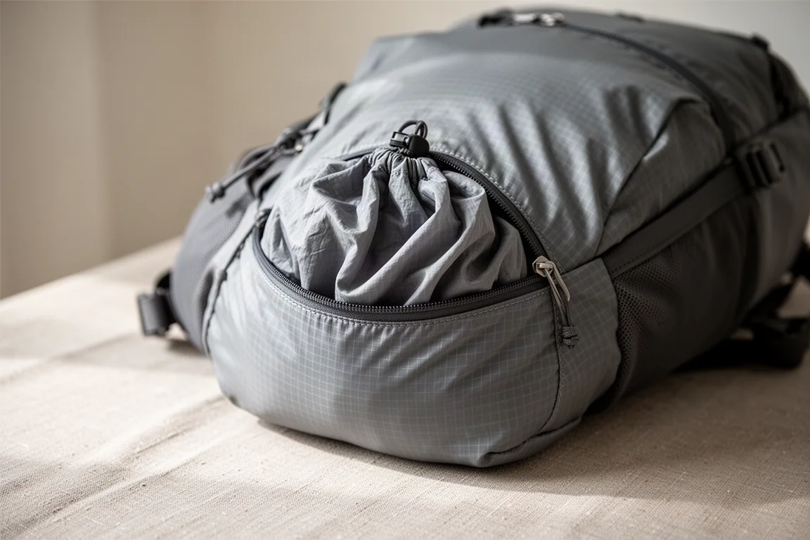 Mały day pack upchnięty we własną wszytą kieszeń do przechowywania