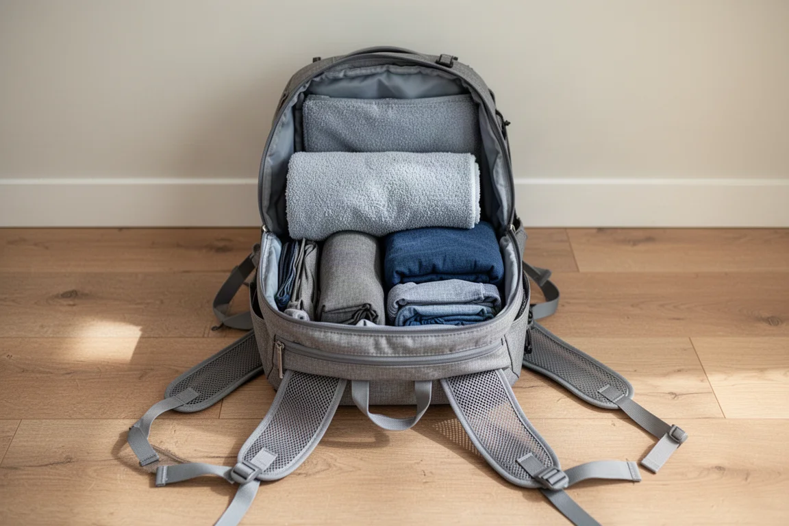 Spakowany day pack z objętościowym miękkim przedmiotem amortyzującym panel pleców