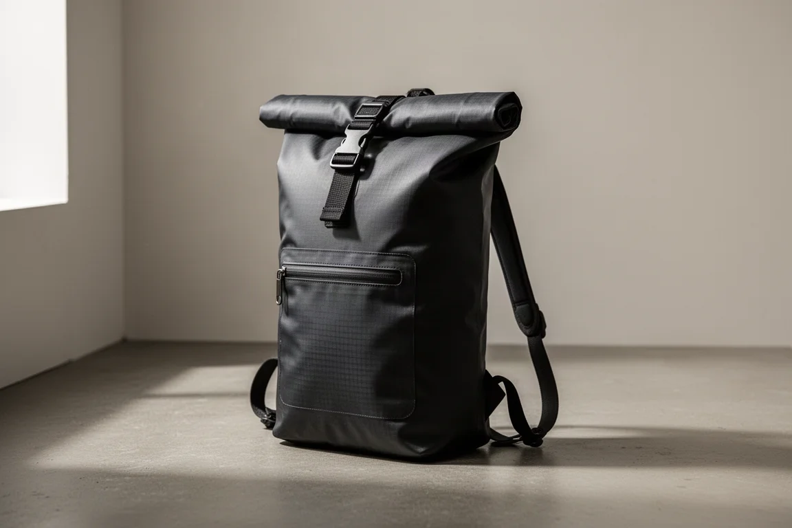 Lightweight roll-top waterproof day pack standing on a neutral concrete surface