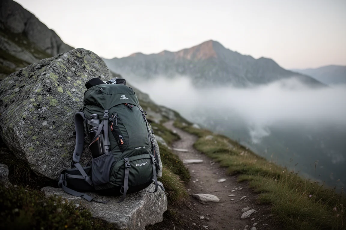 Voll beladener Wanderrucksack lehnt im Morgengrauen an einem Granitfelsen auf einem Bergpfad
