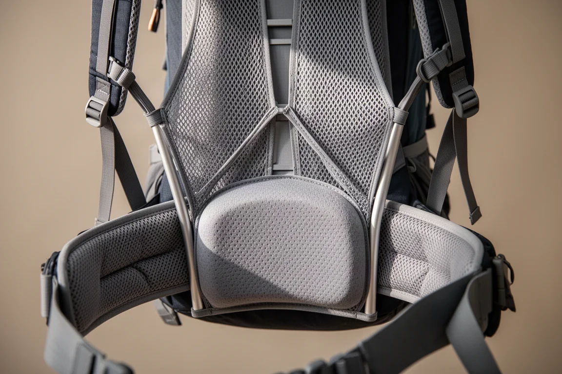 Nahaufnahme eines belüfteten Rucksack-Rückenpanels mit aufgehängtem Mesh und gepolsterter Lendenstütze