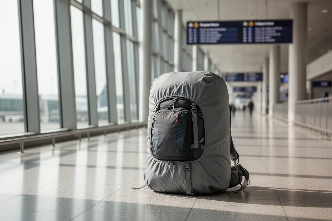 Gepackter Wanderrucksack mit Transporthülle steht in einem hellen Flughafenterminal-Gang