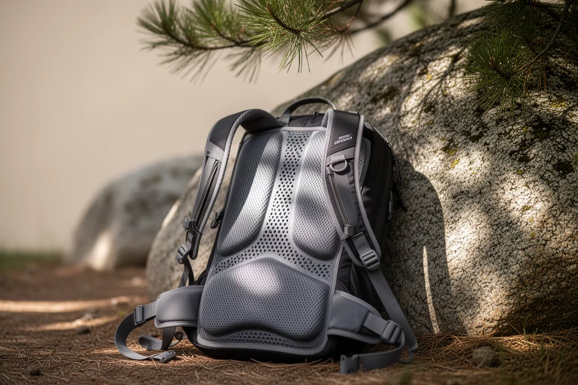 Belüftetes Rückenpanel und Lendenpolster des Rucksacks an einem Granitfindling lehnend