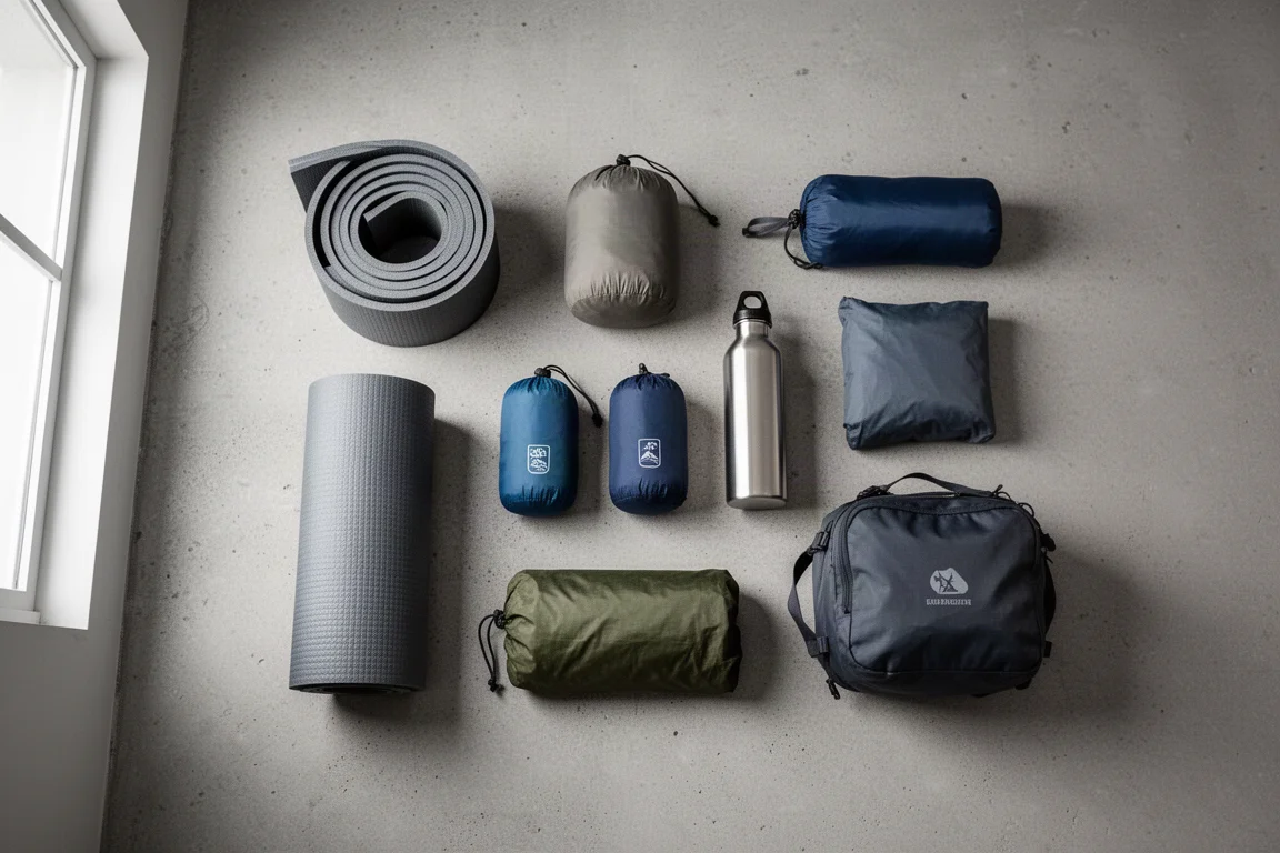 Flach ausgelegte Trekkingausrüstung mit Isomatte, Packsäcken, Flasche und Regenhülle