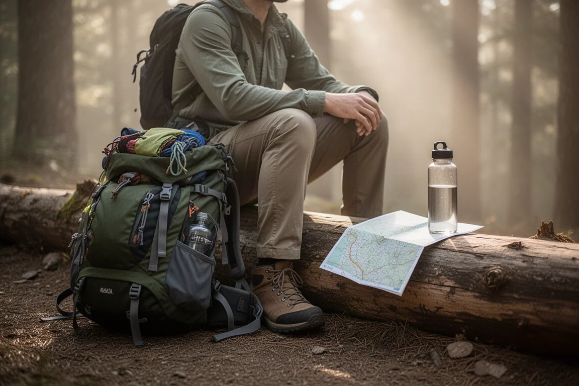 Beladener Rucksack neben einem Wanderer, der auf einem Baumstamm am Wegesrand pausiert