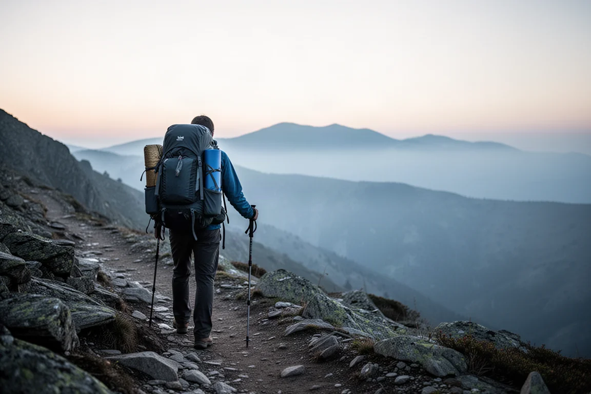Hiker seen from behind on a rocky mountain trail at dawn with a loaded backpack
