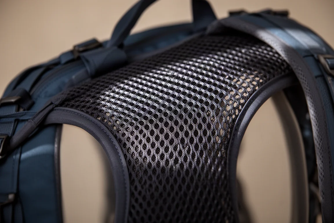 Close-up of a tensioned mesh back panel with a three-dimensional lattice structure
