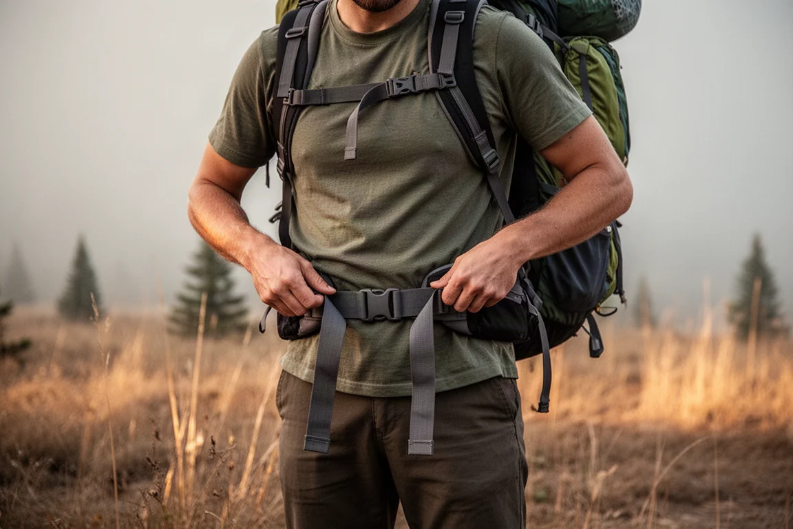 Backpacker at a trailhead adjusting a padded hip belt in early golden light