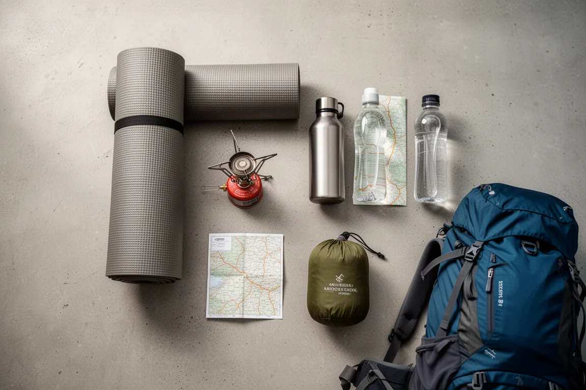 Overhead flat-lay of backpacking essentials arranged on a concrete surface