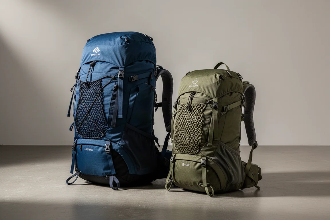 Two backpacking backpacks with suspended mesh back panels standing on a concrete floor