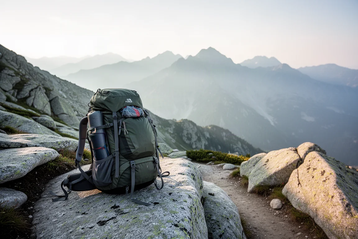 Beladener Wanderrucksack auf Granit neben einem hochalpinen Wanderweg