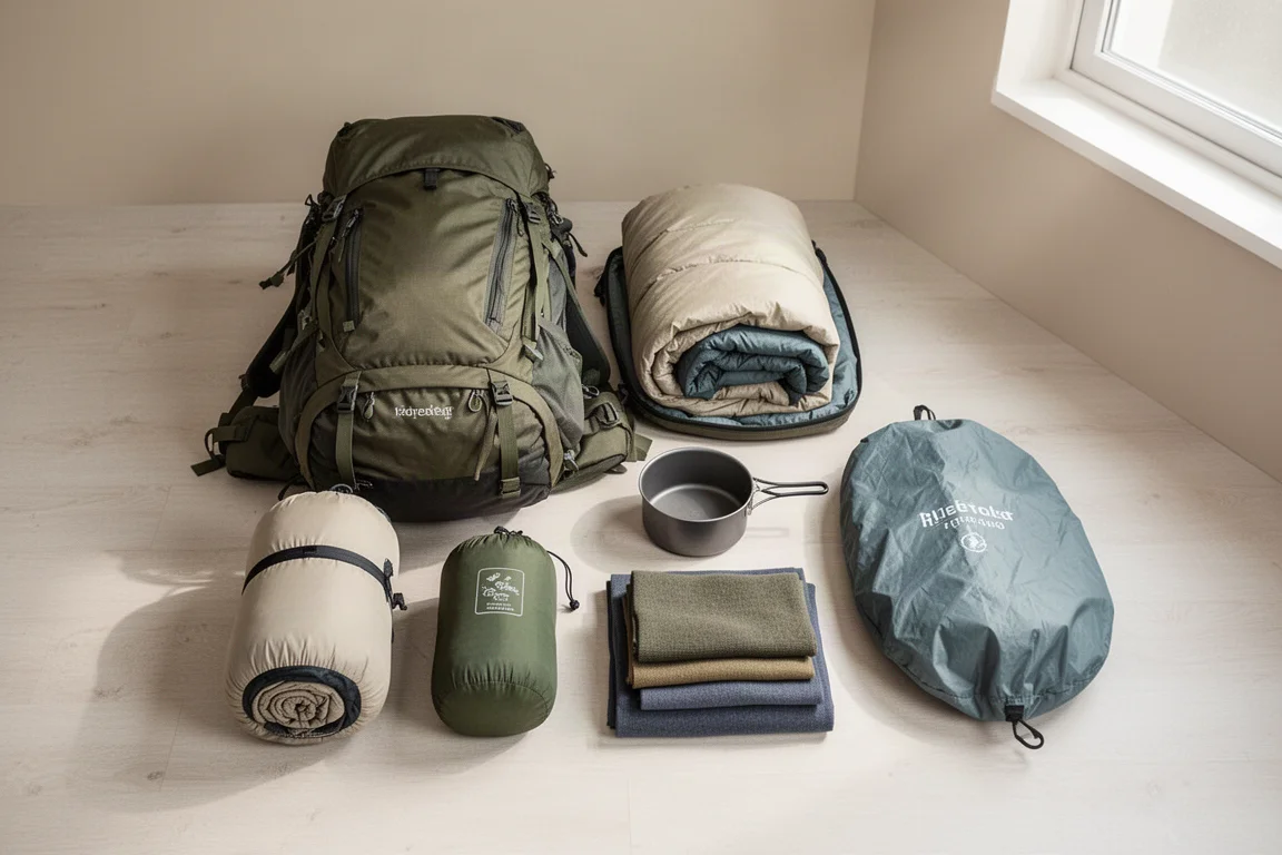 Trekkingausrüstung ausgelegt und in einen großen Rucksack auf einem Holzboden gepackt