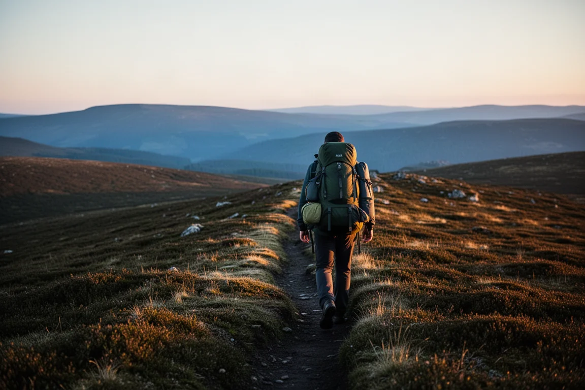 Wanderer mit beladenem Rucksack auf einem Gratweg in der Abenddämmerung