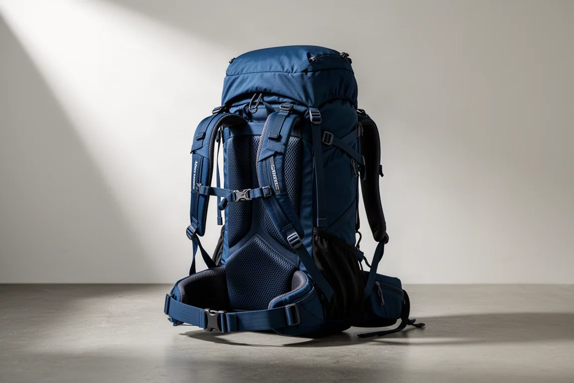 Large blue and black technical hiking backpack standing on a concrete surface
