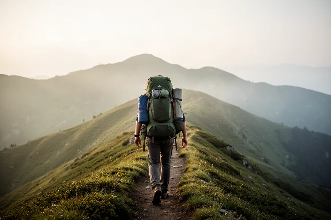 Wanderer mit beladenem Rucksack auf einem hochalpinen Gratweg bei Sonnenaufgang
