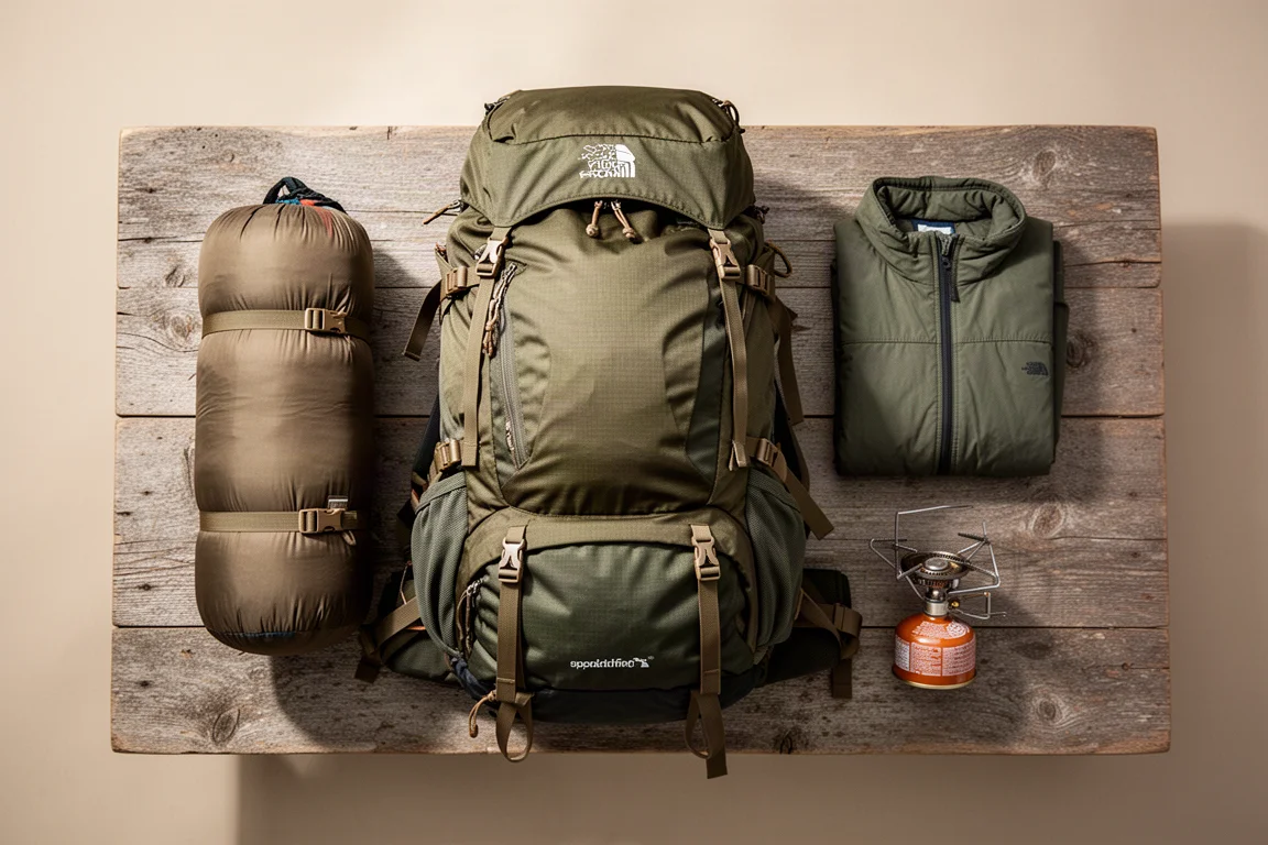 Nahaufnahme eines gespannten Netzrückenpanels an einem beladenen Rucksack, der an einem Felsen lehnt