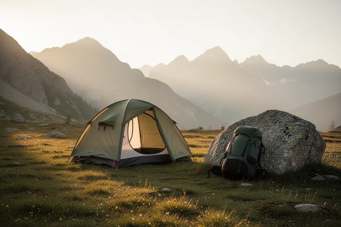 Beladener Rucksack lehnt im Morgengrauen im Nebel an einem unbeschrifteten Holzpfosten