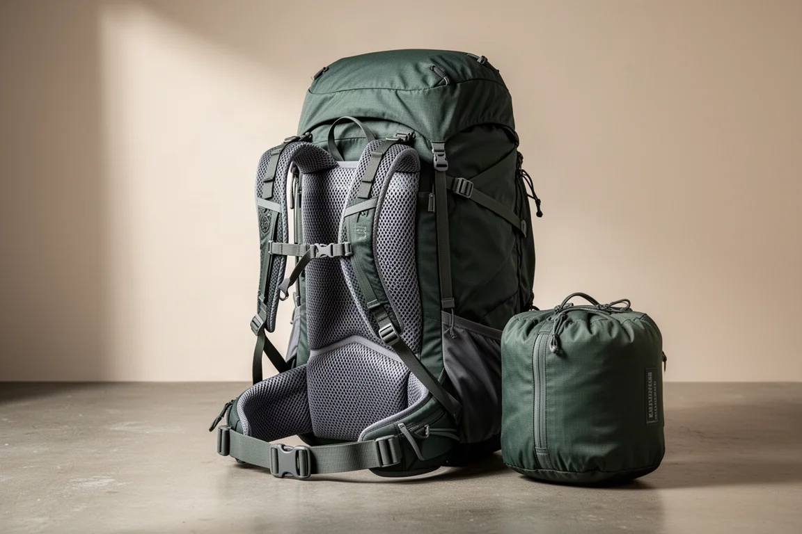 Large technical backpacking pack with mesh back panel and detachable lid on concrete