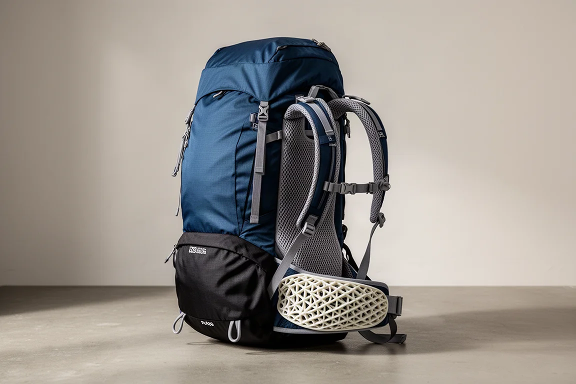 Blue and black technical backpacking pack with suspended mesh back panel and 3D printed lumbar pad