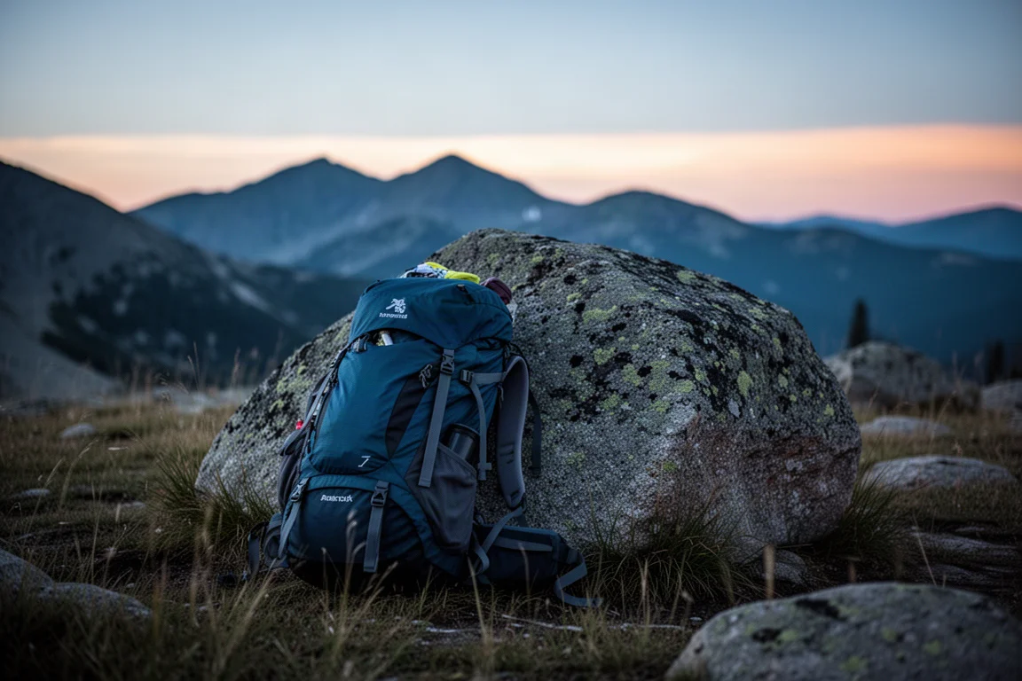 Loaded hiking backpack resting against a granite boulder at a high-country campsite at dusk