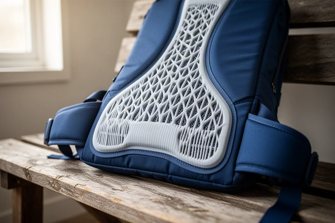 Close-up of a backpack ventilated back panel with lattice-like 3D printed lumbar structure