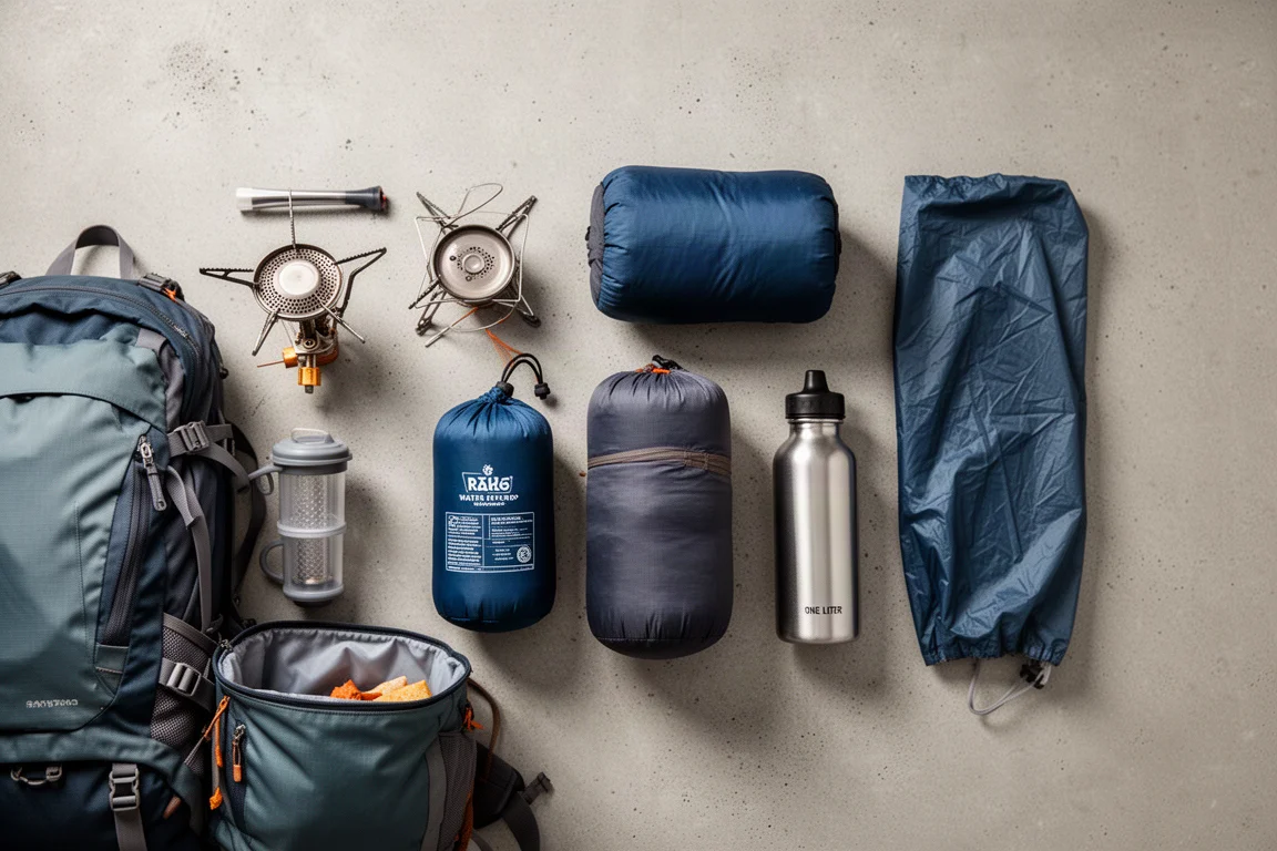 Overhead flat-lay of backpacking gear beside an open pack on a concrete surface