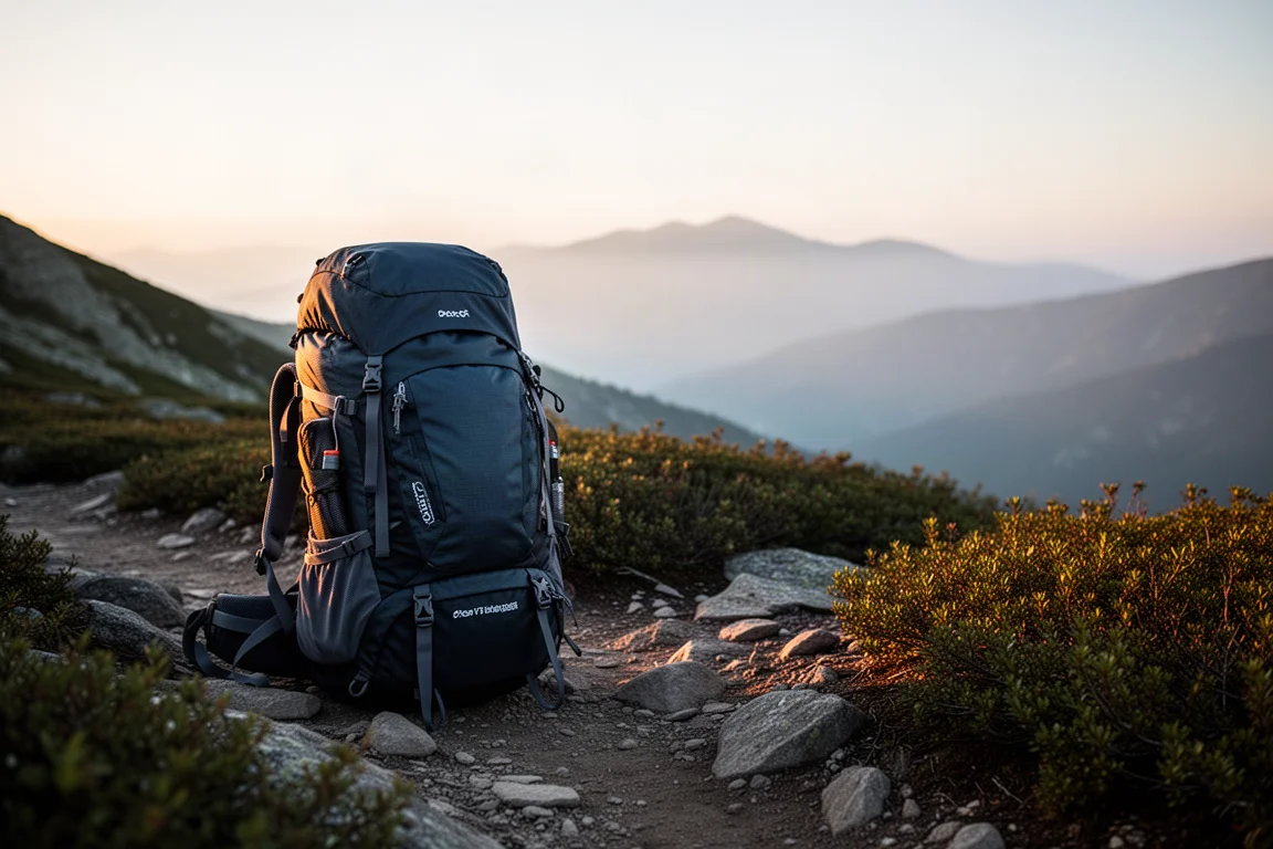 Loaded hiking backpack on a rocky mountain trail at sunrise with ridgelines behind