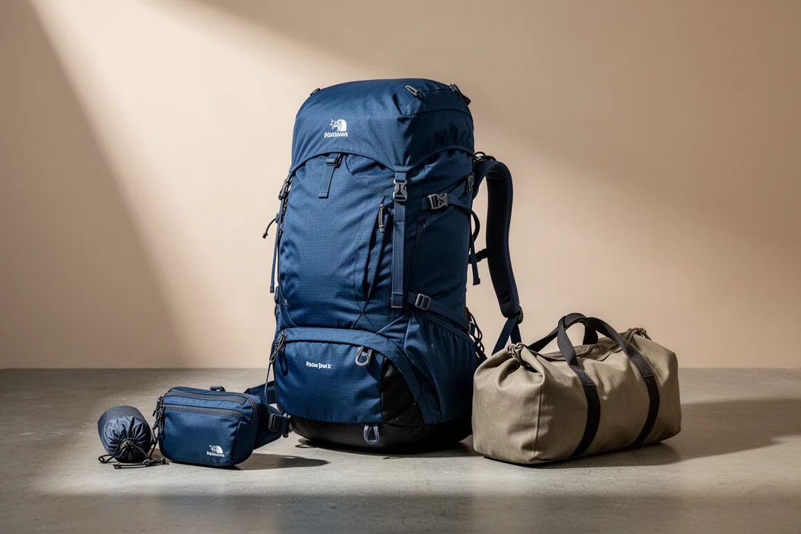 Osprey Unlimited backpacking pack with detachable lumbar hip pack and rain cover on concrete