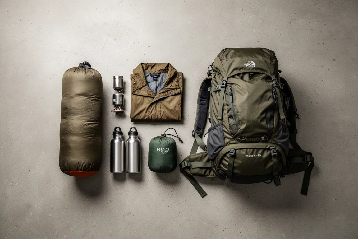 Attrezzatura da backpacking disposta dall'alto accanto a uno zaino clamshell aperto su cemento