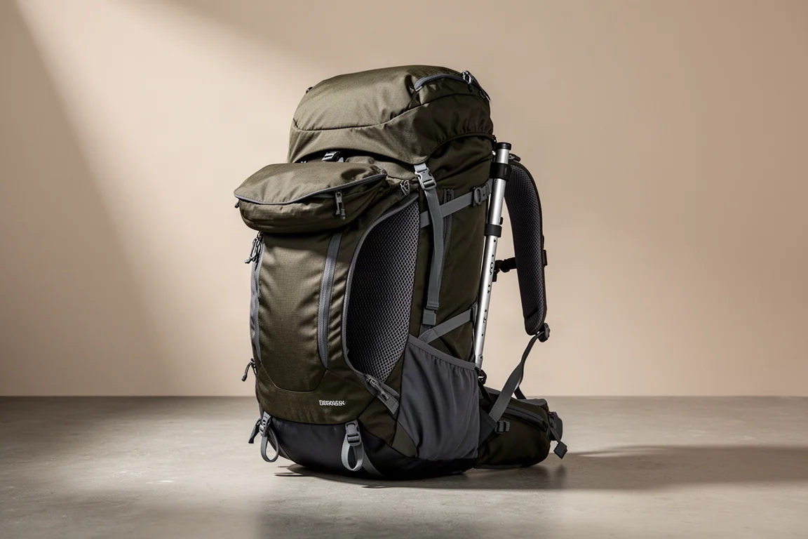 Large olive and charcoal backpacking backpack standing upright on a concrete surface