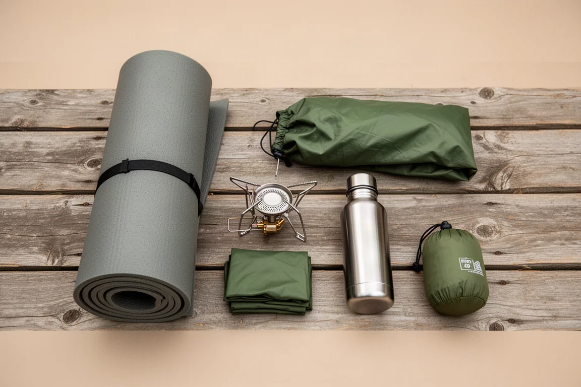 Ovanifrån platt layout av backpackingutrustning på väderbitna träplankor