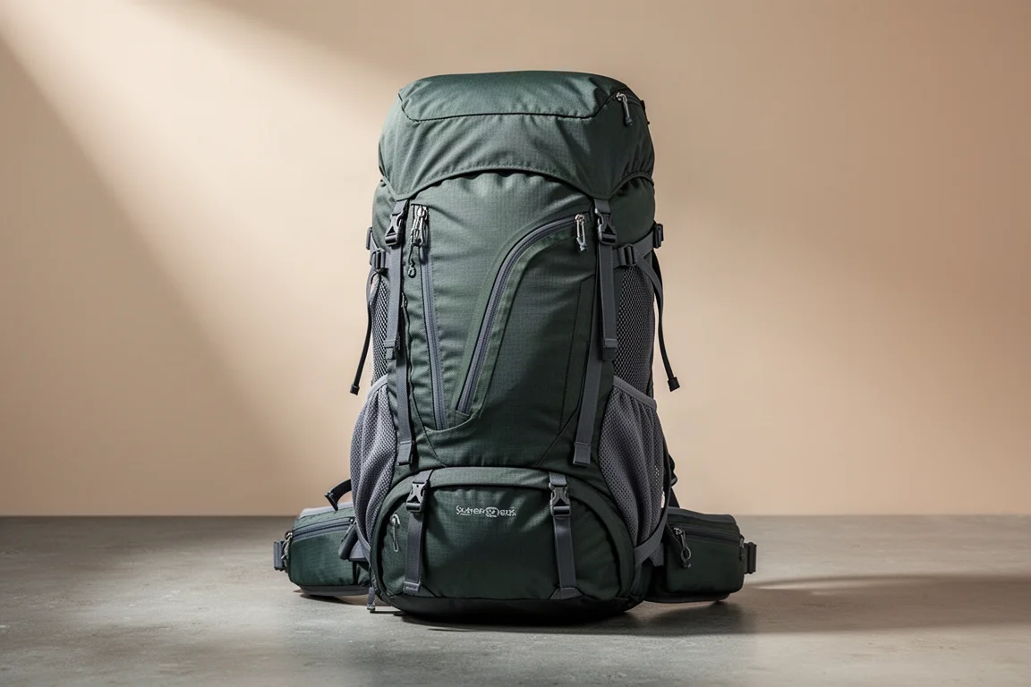 Osprey Volt 65 hiking backpack at a three-quarter angle on a matte concrete surface