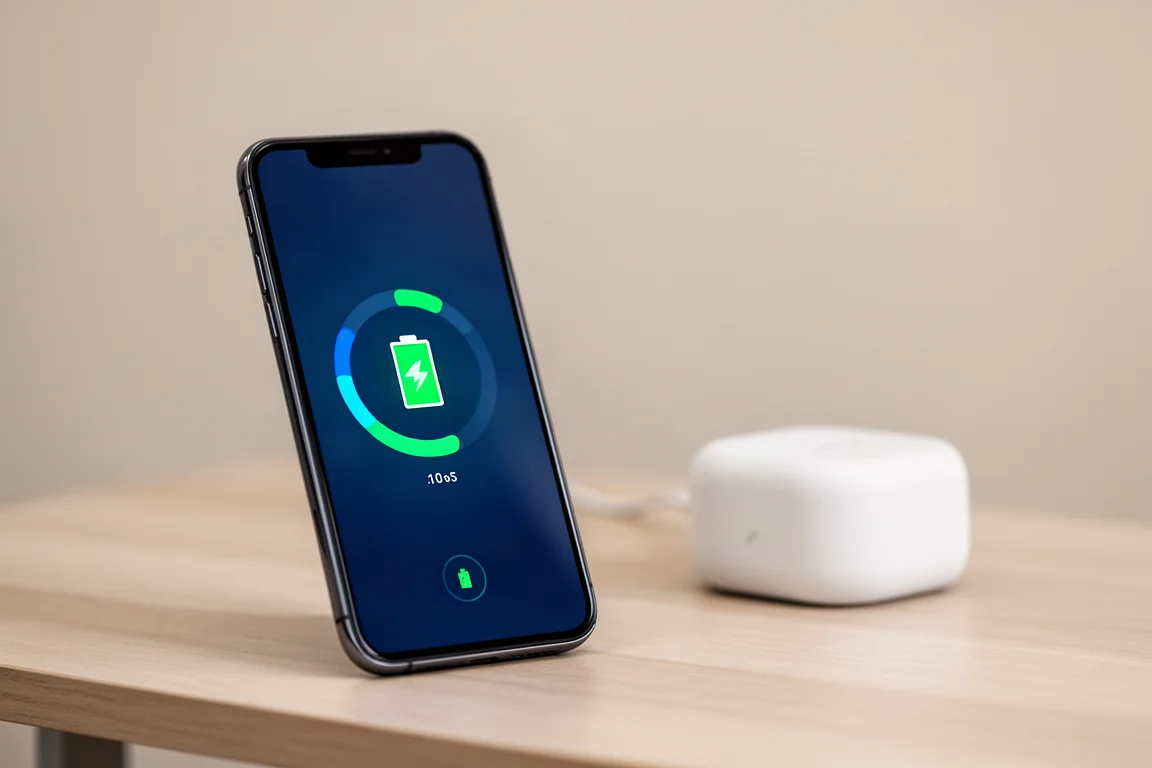Smartphone mit einer Batterie-Lade-App neben der Ladestation