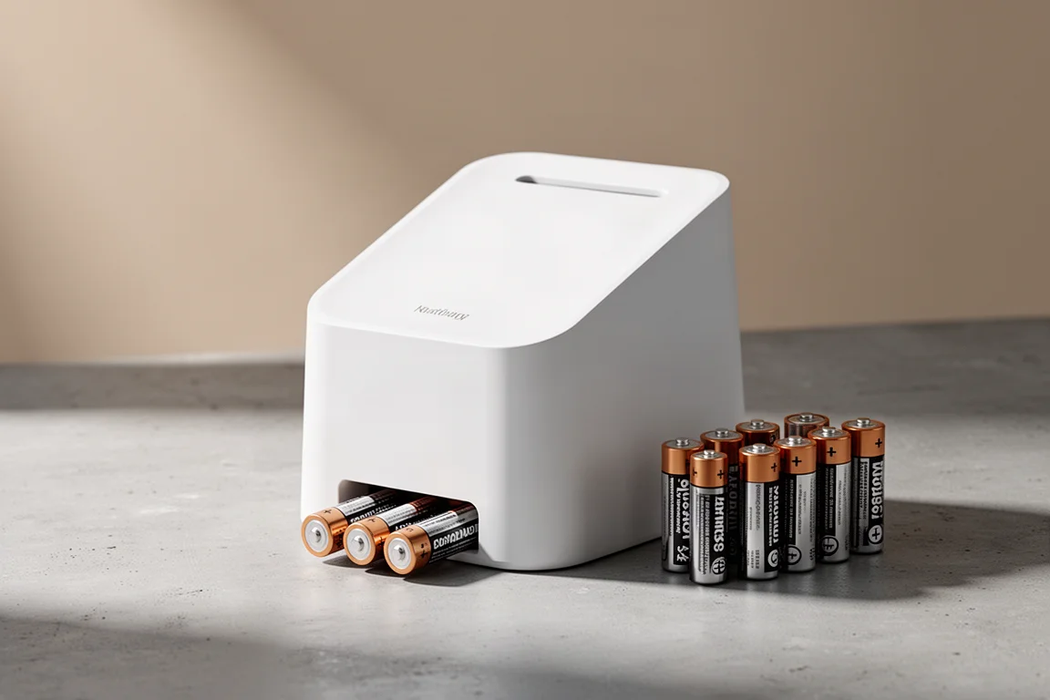 Matte white battery charging station with AA batteries on a concrete surface