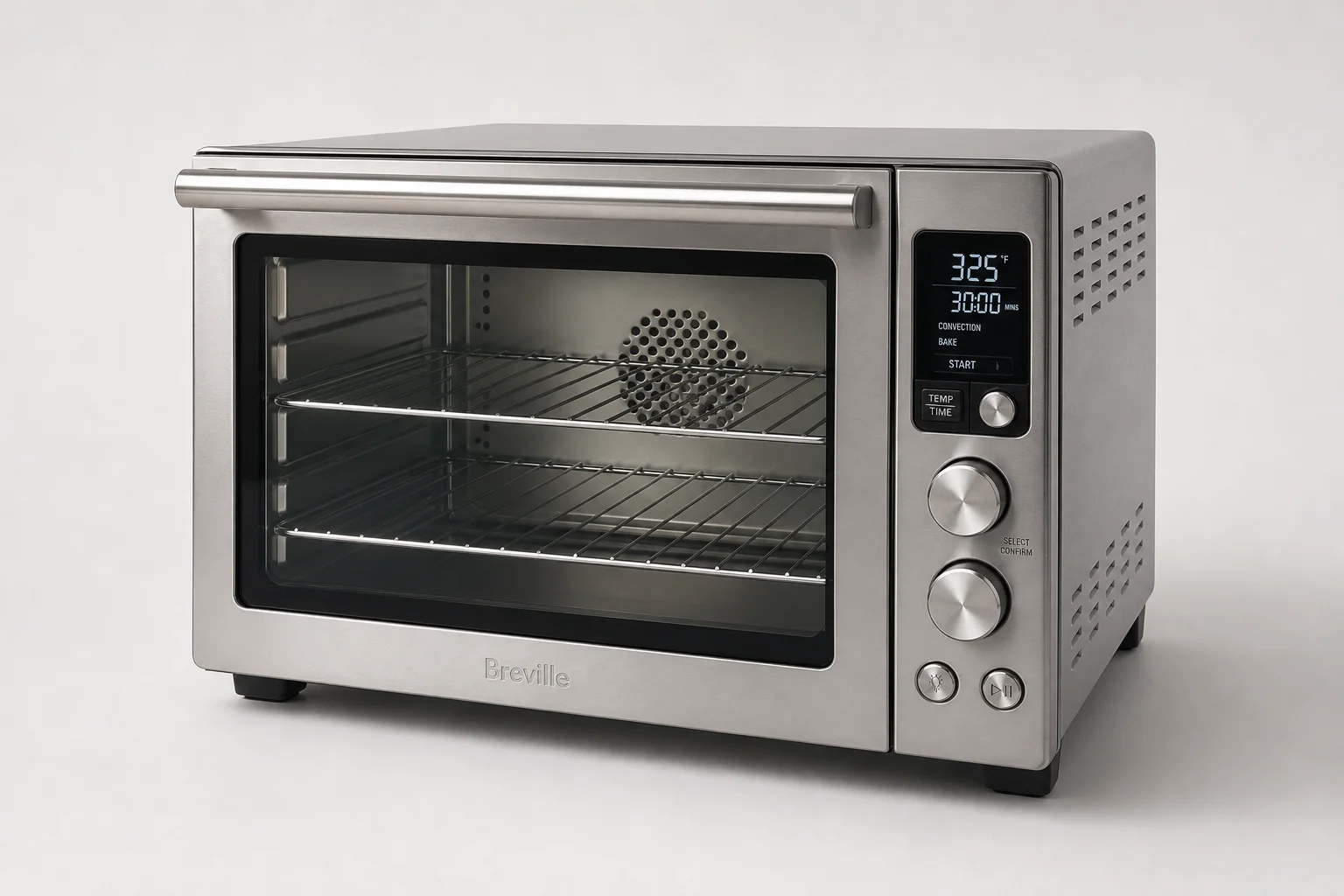 Five countertop convection ovens displayed on concrete surface