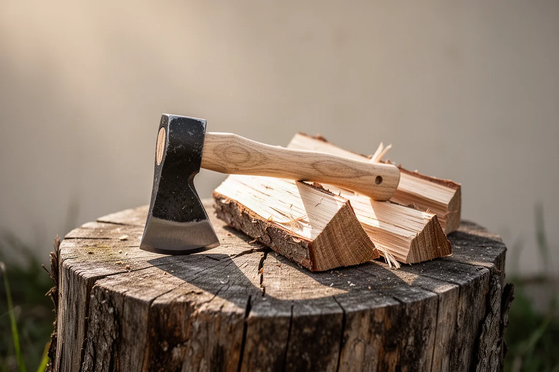 Hachette utilitaire compacte posée sur une souche en bois à côté de bois d'allumage fendu