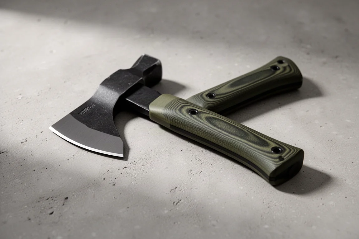 Compact utility hatchet with olive-green G10 handle on concrete surface