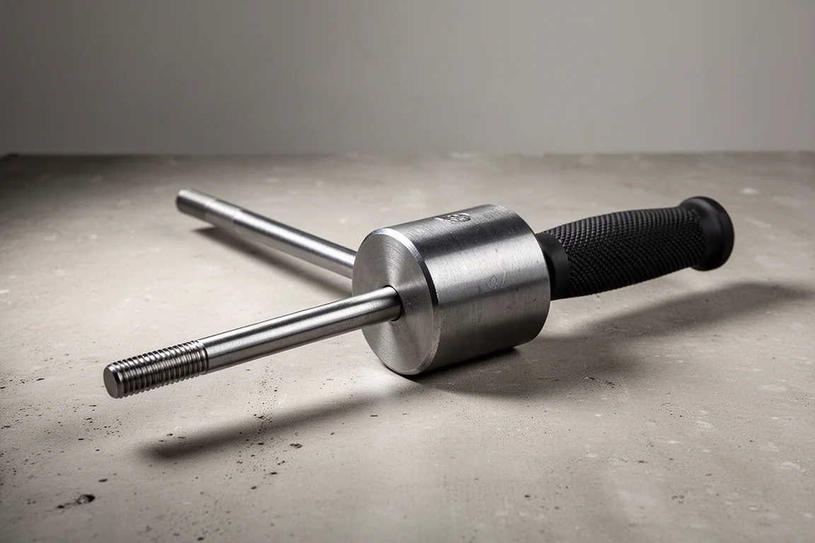 Collection of slide hammers and air pullers arranged on a concrete workbench