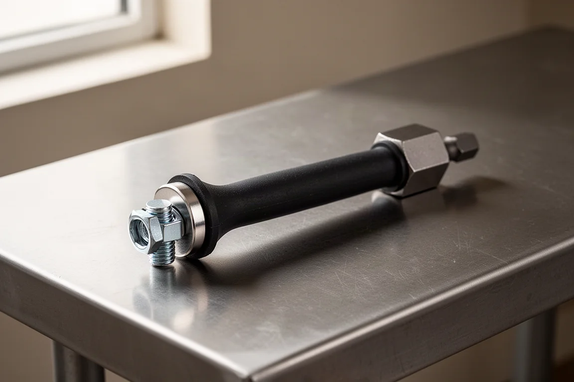 Flexible magnetic drain plug remover tool holding a hex drain plug on a workbench