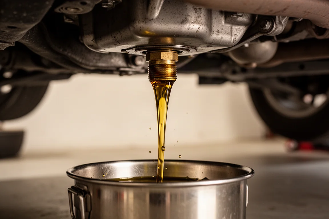 Olio che defluisce dal tappo di scarico di un veicolo in un contenitore di raccolta sotto l'auto