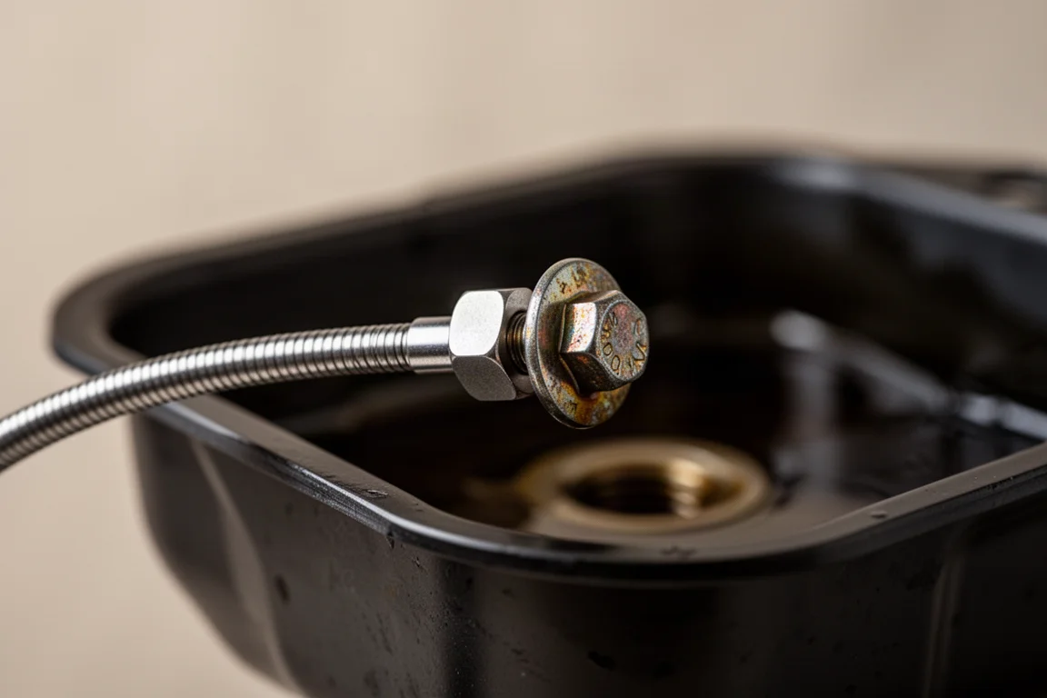 Primo piano di un'asta flessibile magnetica che trattiene una piccola testa esagonale in un garage