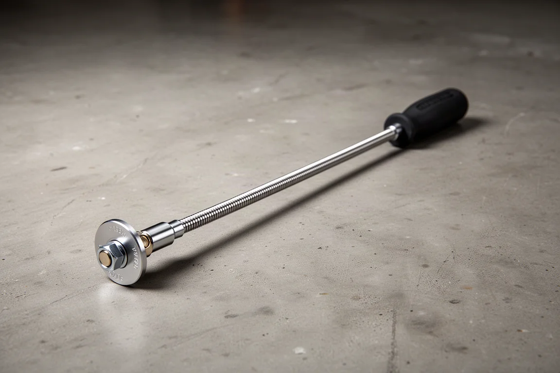 Flexible-shaft magnetic drain plug removal tool on a concrete garage surface