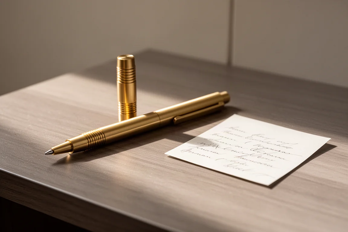 Pena in ottone lavorata appoggiata su una scrivania in legno accanto a un appunto scritto a mano