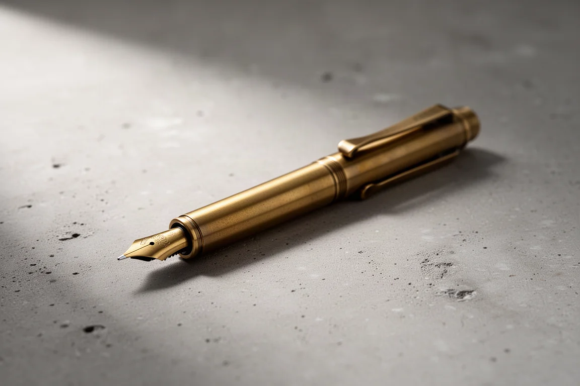 All-brass machined pen with milled pocket clip on a concrete surface