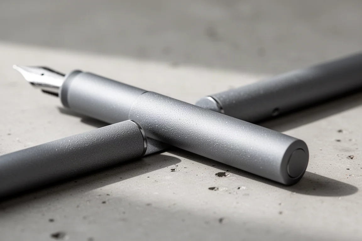 Matte grey fountain pen resting on concrete with soft studio light