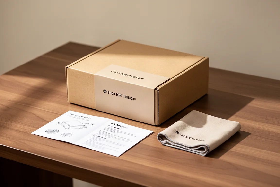 Fountain pen packaging with outer sleeve and booklet on a desk
