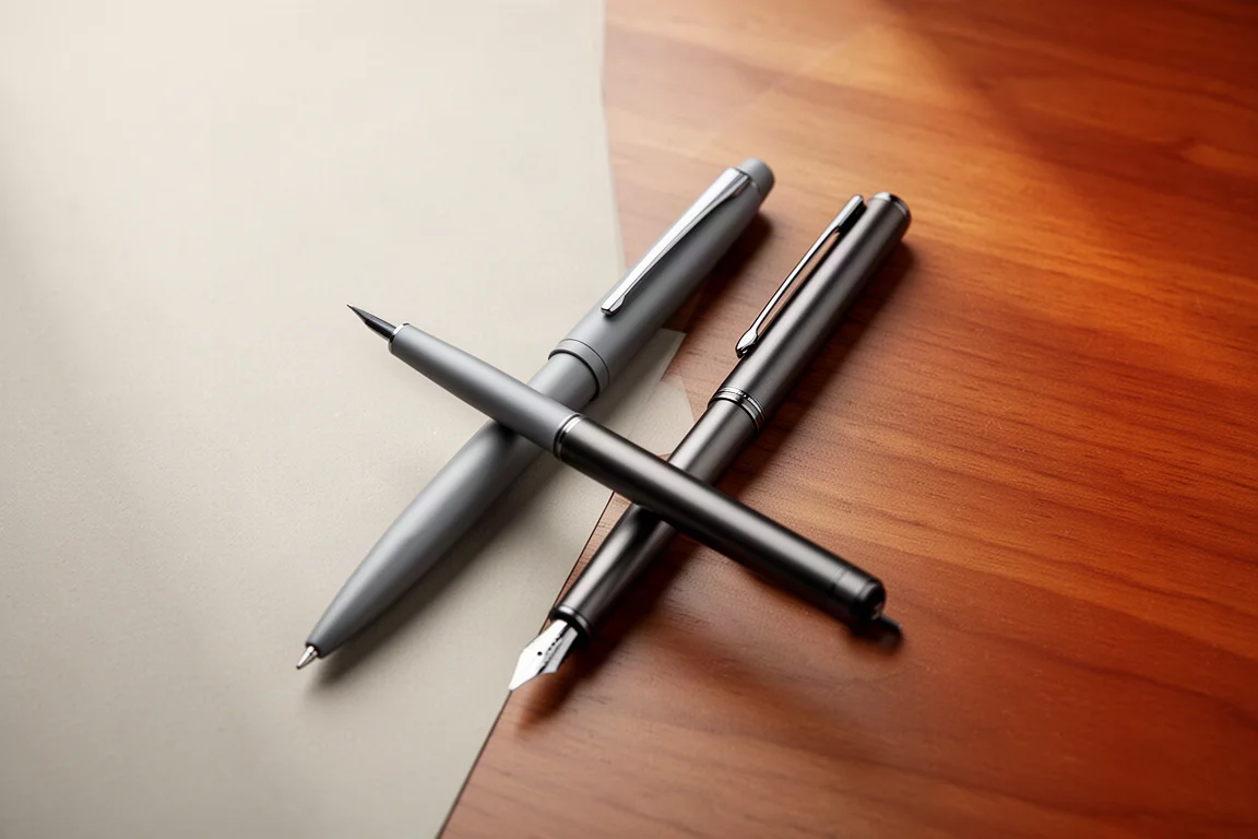 Fountain pen and slim metal pen side by side on a desk