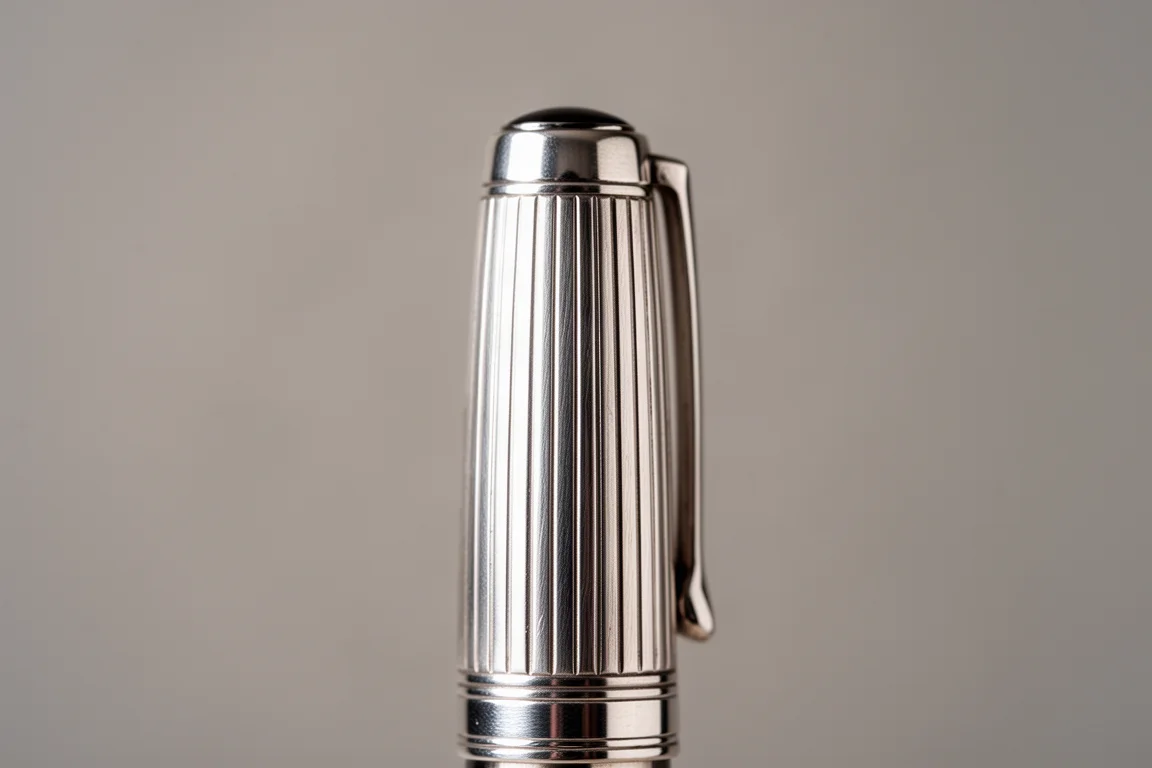 Fluted sterling silver barrel of a fountain pen catching soft window light