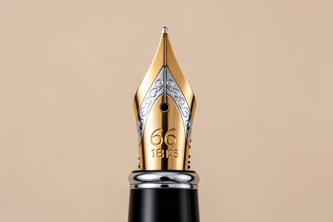 Two-tone 18k gold fountain pen nib in sharp focus