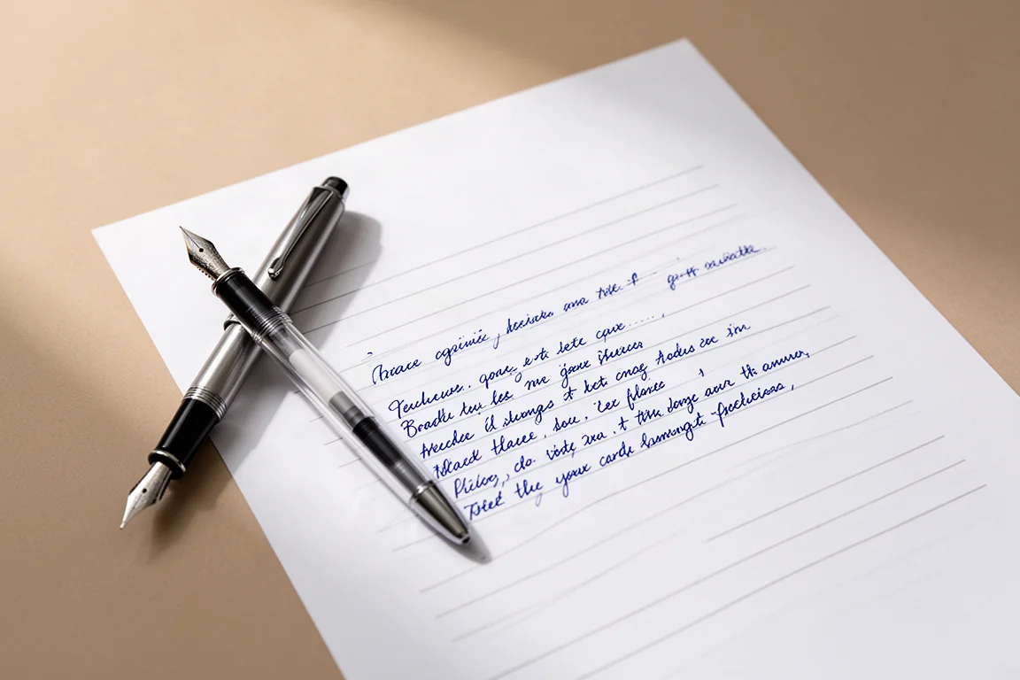 Fountain pen writing sample with blue ink on white paper